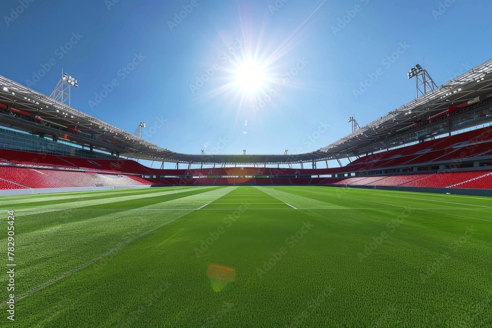 Soccer stadium with green grass field and red seats. Soccer stadium with green grass field and red seats.
