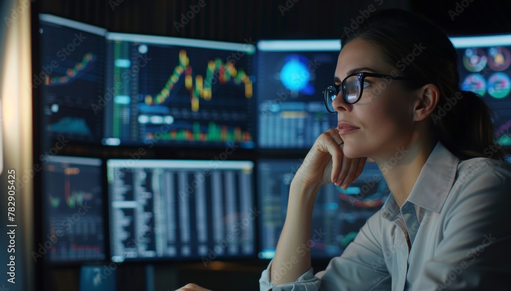 Focused Analyst Studying Financial Data on Screens. Focused Analyst Studying Financial Data on Screens.