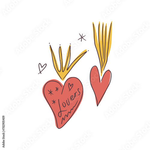 Sacred heart Valentines stylish freaky cool funny doodle sticker. Hand-drawn sacred hearts set. Banner icon logo doodles witch lettering illustration