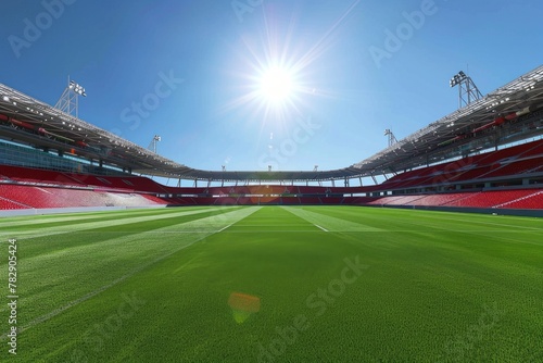 Soccer stadium with green grass field and red seats.