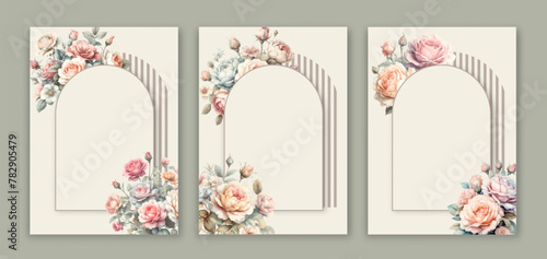 Floral vintage watercolor wedding invitation with magnolia flowers and hummingbird.
