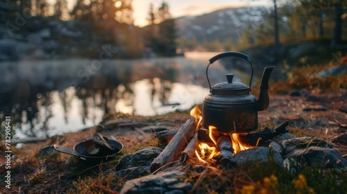 A small kettle heating on a bonfire. Outdoor recreation concept in nature