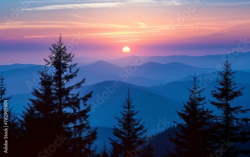 Sunset and silhouettes of trees in the mountains