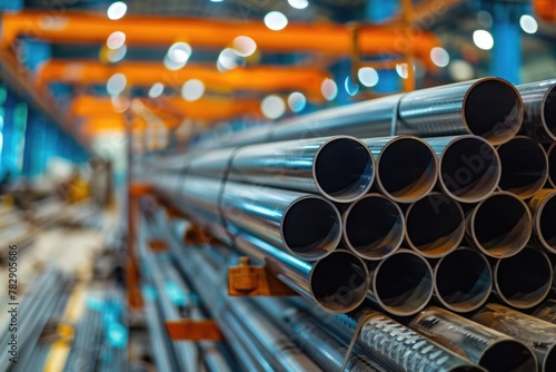 Metal tubes are stacked on pallets in a factory.