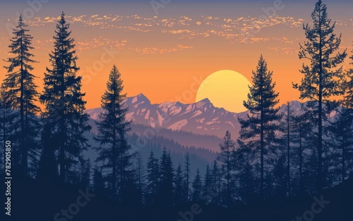 Sunset and silhouettes of trees in the mountains © MUS_GRAPHIC