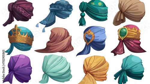 A collection of turbans and hijabs for women and men, oriental and indian wrap hats in a variety of colors, shapes and patterns. Cartoon modern illustration of an Arabian scarf for a woman, pagdi for photo