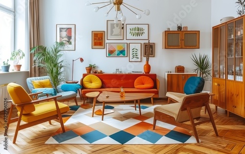 interior design photography of a Polish retro living room, with 1960's Polish designer furniture, white walls, vibrant but desaturated colors, glossy wood cabinets, hardwood floors