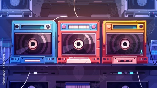 Audio record player online or mobile app with mixtape cassettes, vintage mixtapes cartoon banner, disco, multimedia, music streaming, modern web header.