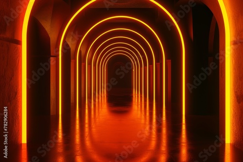 orange light is shining in the passageway in the dark