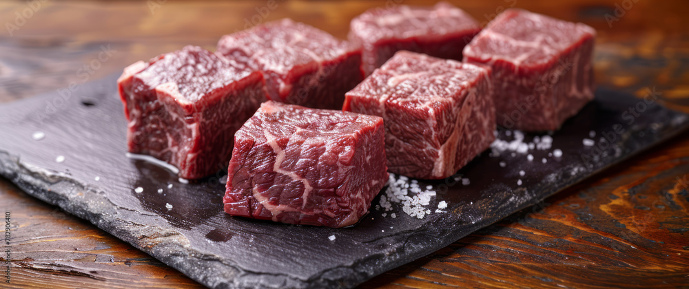 Cubed steak cuts on slate with coarse salt Cubed steak cuts on slate with coarse salt