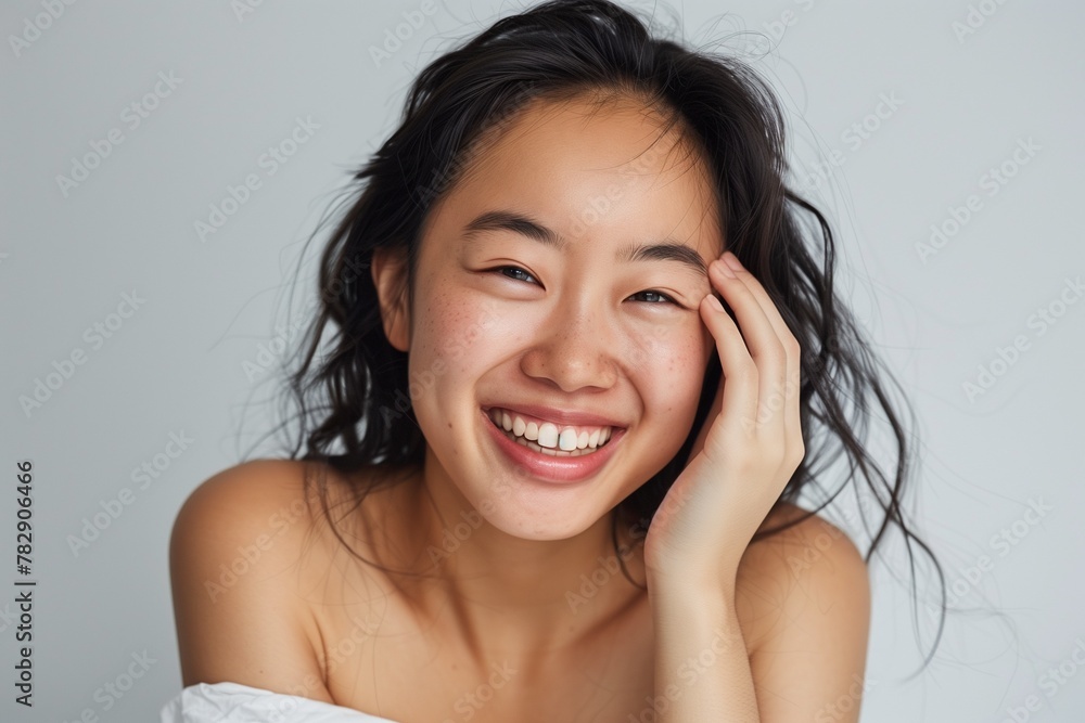woman laughing with her hands, her head tilted back and eyes closed in joy. She has short hair styled. The background is neutral with soft lighting, highlighting her expression and skin texture. woman laughing with her hands, her head tilted back and eyes closed in joy. She has short hair styled. The background is neutral with soft lighting, highlighting her expression and skin texture.