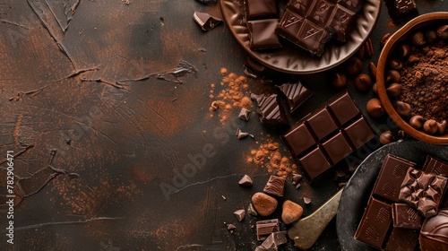 World Chocolate Day Concept. Various chocolates in dark color. Space for text. Banner, background, template. Happy chocolate day. Delicious background. photo