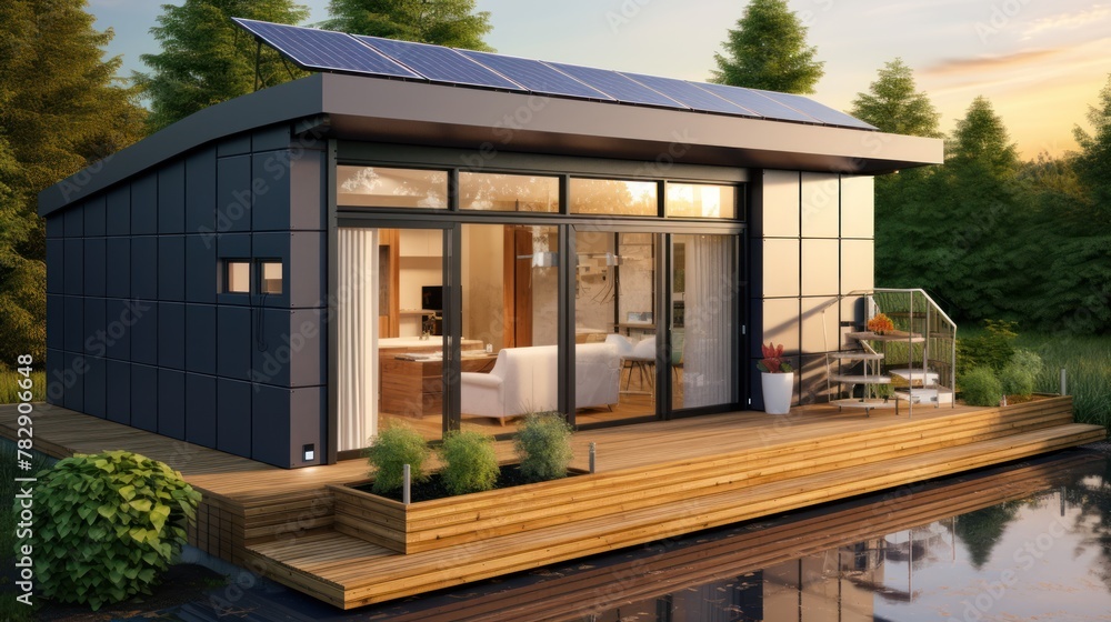Fototapeta premium modern tiny home adorned with solar panels 