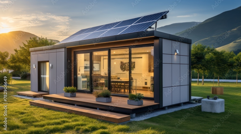 modern tiny home adorned with solar panels 