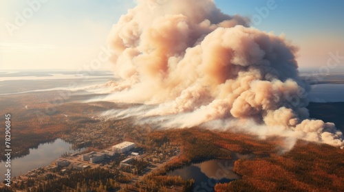 Aerial view of urban heavy with smoke from massive wildfires,forest fire,
