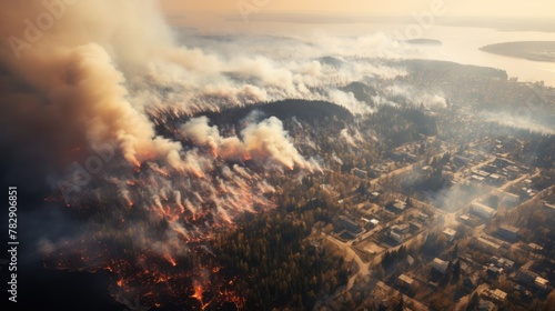 Aerial view of urban heavy with smoke from massive wildfires,forest fire,