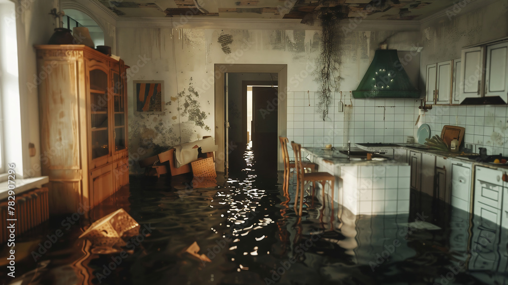Large flood, disaster, flooded apartment inside