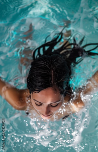 A beautiful woman lies in the water of an indoor pool with her eyes closed, seen from above and behind, closeup of her head and shoulders © zayatssv