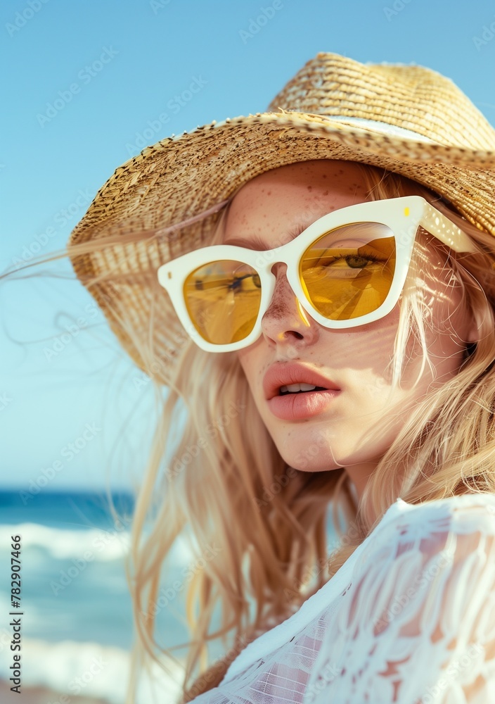 Close up of blonde woman wearing white sunglasses with yellow lenses and straw hat against a beach background, in the style of photo realistic fashion photography Close up of blonde woman wearing white sunglasses with yellow lenses and straw hat against a beach background, in the style of photo realistic fashion photography