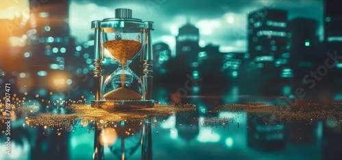 A digital hourglass set against a backdrop of a rapidly evolving cityscape, the sands flowing from tech innovation into a ticking time bomb at the bottom spectators around it