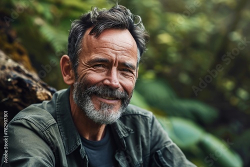 Portrait of a senior man with gray beard and mustache in nature.