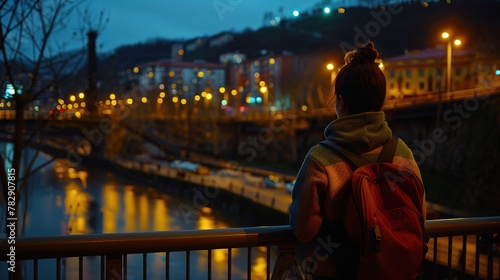 Nocturnal City Gaze - Woman Contemplating Nighttime River Scene