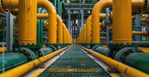 Yellow pipes n a gas plant, depicting the industry of oil and fuel production. photo