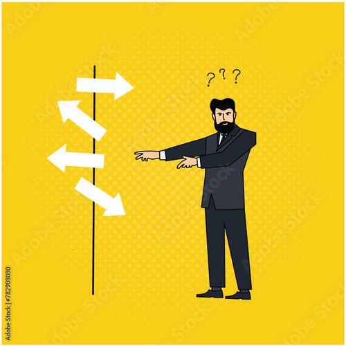 vector illustration of a businessman confused about determining direction