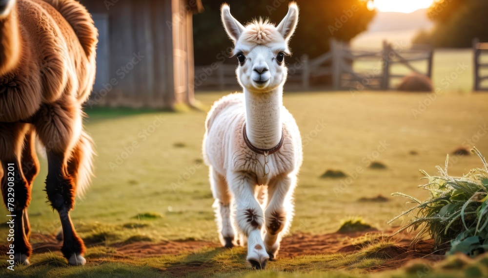 Naklejka premium A charming alpaca stands in the golden hour light on a farm, its fluffy white fur and inquisitive expression capturing the warmth of the scene.. AI Generation