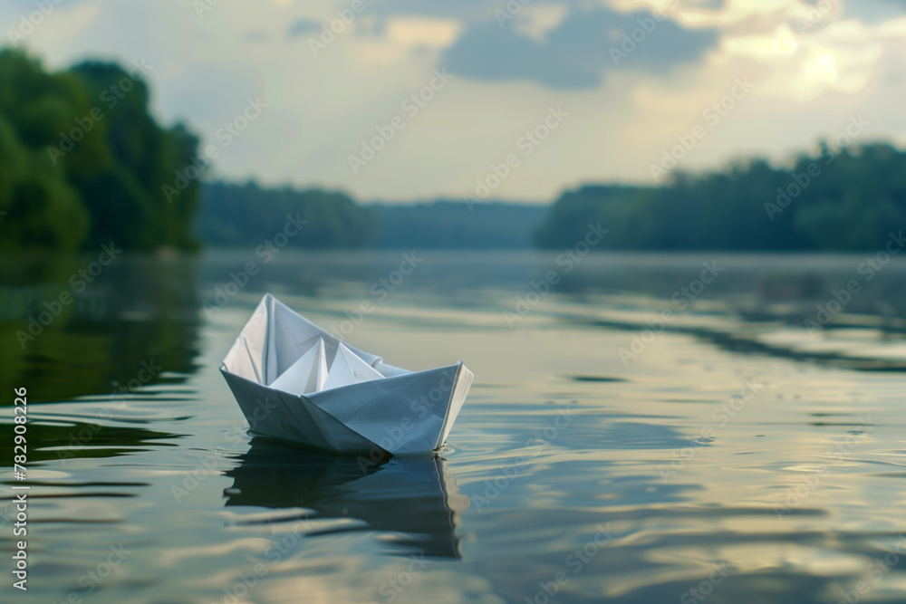 Tranquil scene of a white paper boat on a serene lake reflecting the gentle hues of twilight