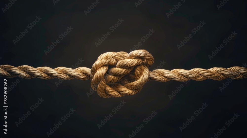 Two ropes tied together with a knot on a dark background as a concept of unity and strength.