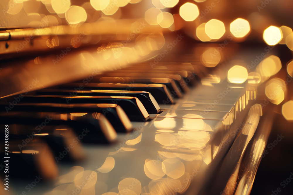 Shallow depth of field captures the warm glow of lights against the black and white keys of a piano