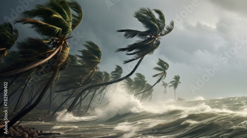 Coconut trees are blown by strong winds ,storm, heavy rain