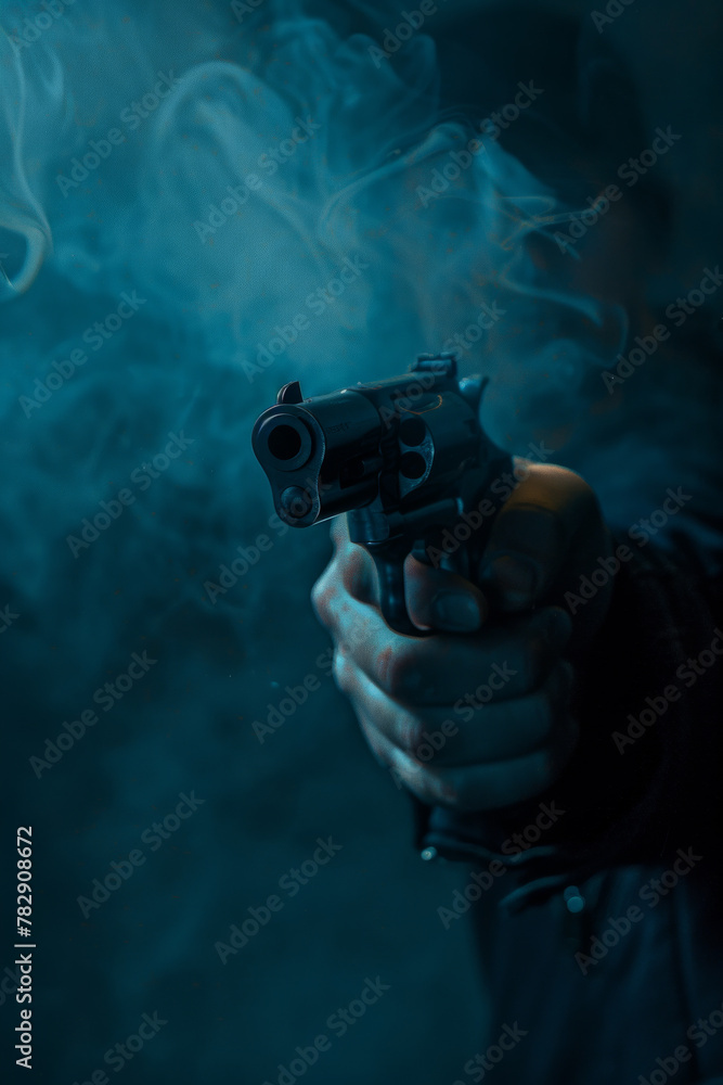 A mysterious hand holding a gun and pointing in a direction, with smoke A mysterious hand holding a gun and pointing in a direction, with smoke