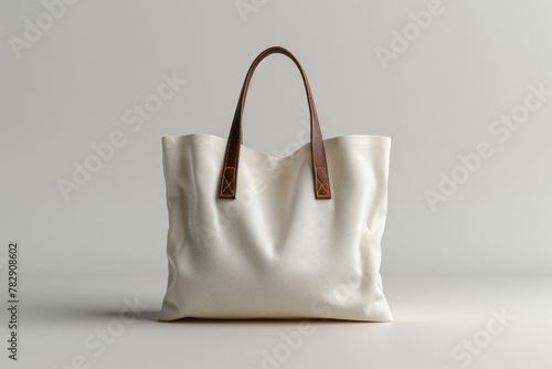 A simplistic and elegant design highlights this white tote bag with stylish brown leather handles, placed against a plain background