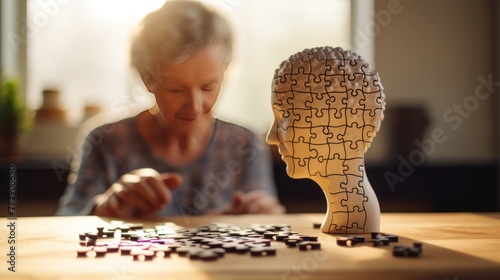 Mental health of elderly people concept,Elderly woman holding jigsaw puzzle, 