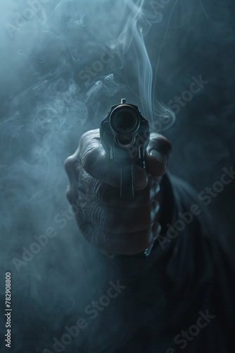 A mysterious hand holding a gun and pointing in a direction, with smoke 