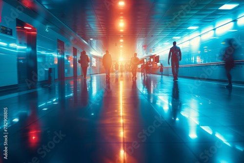 Cinematic scene of silhouetted figures in motion with striking light effects, depicting busy terminal atmosphere