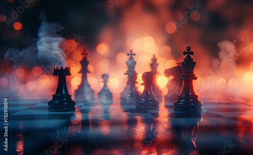 Chess Figures on a Dark Background. Strategic Fog. Epic Chess Game Battle. Chess Game Concept.