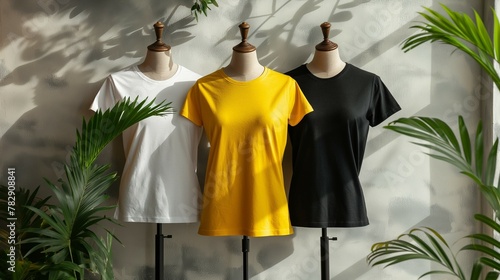 Women's T-shirt mockup, white, yellow, and black T-shirt set mockup