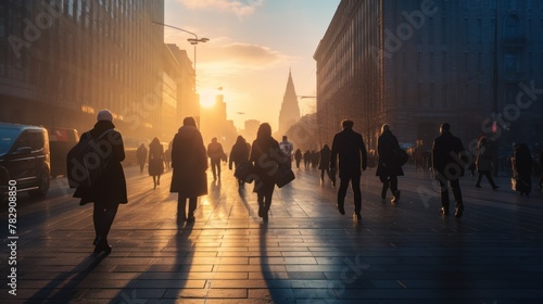 A bustling city scene as people walk among towering buildings  their silhouettes against the setting sun