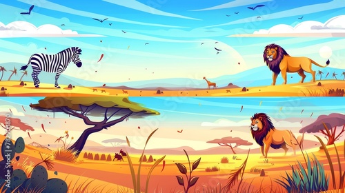 Banners of African animals with zebra and lion in savannah. Modern landing pages of safari park with cartoon illustrations of wild animals and savannah landscape.