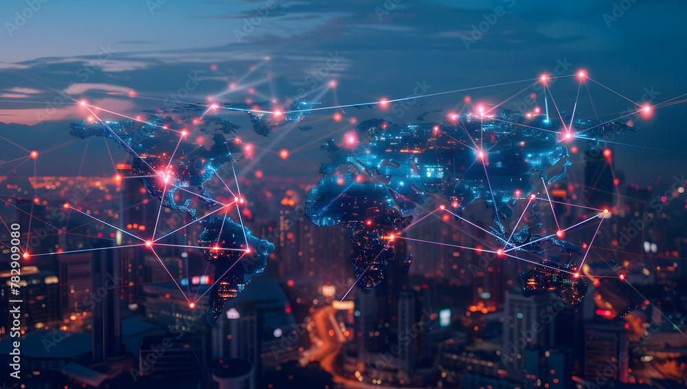 Obraz premium Global Connectivity Map: A Futuristic View of Urban Trade