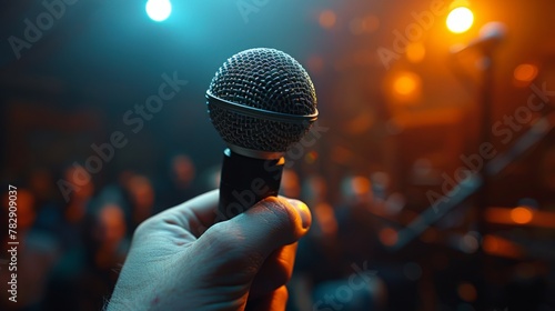 Solo microphone against a crowd at a concert photo