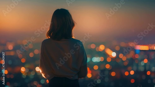 A woman stands with her back to the camera arms crossed and shoulders hunched as she looks out at the city lights below. . . photo