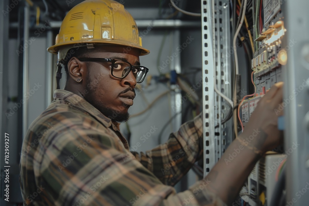 dark-skinned male professional electrician repairs an electrical breakdown dark-skinned male professional electrician repairs an electrical breakdown