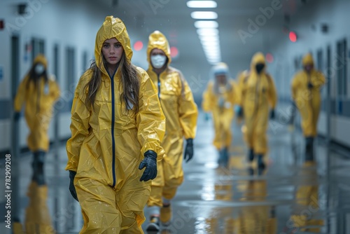 A solemn medical team in yellow hazmat suits walks through a hospital corridor, suggesting a contamination scenario