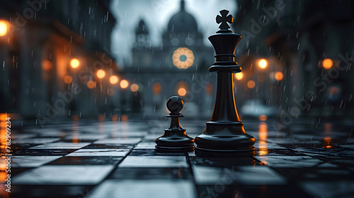Midnight Chess Showdown Strategists Clash in Reflective Urban Duel