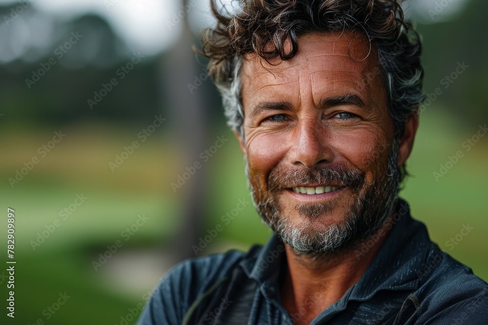 Close-up shot of a charming man with a friendly smile and curly hair, outdoors with a blurred background Close-up shot of a charming man with a friendly smile and curly hair, outdoors with a blurred background