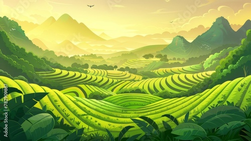 At sunrise  terraced rice fields on a mountain landscape in Asia. Cascades of plants in an agricultural meadow  in China or Vietnam  cartoon modern illustration.